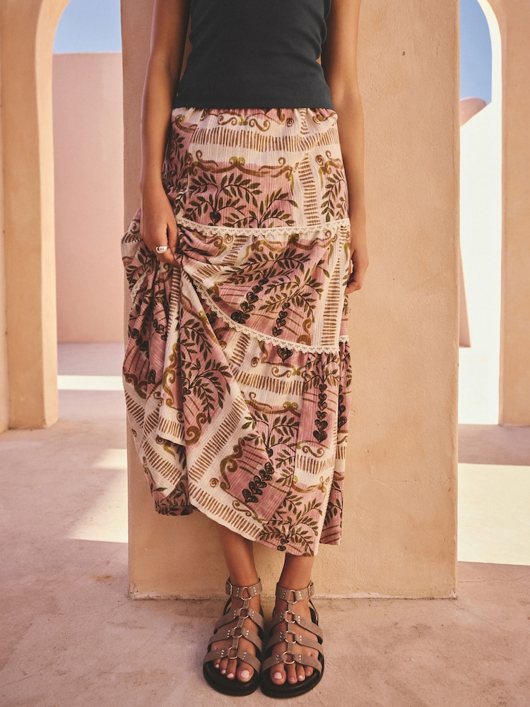 Pink Palm Print Cotton Tiered Maxi Skirt - Image 2 of 7