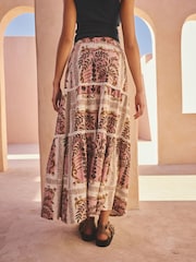Pink Palm Print Cotton Tiered Maxi Skirt - Image 3 of 7