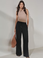 Black Pull On Wide Leg Trousers With Linen - Image 1 of 6