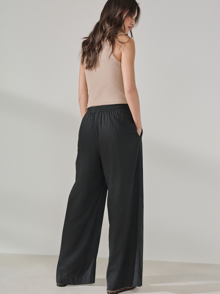 Black Pull On Wide Leg Trousers With Linen - Image 2 of 6