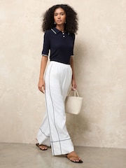 White Linen Rich Wide Leg Trousers With Piping - Image 1 of 7