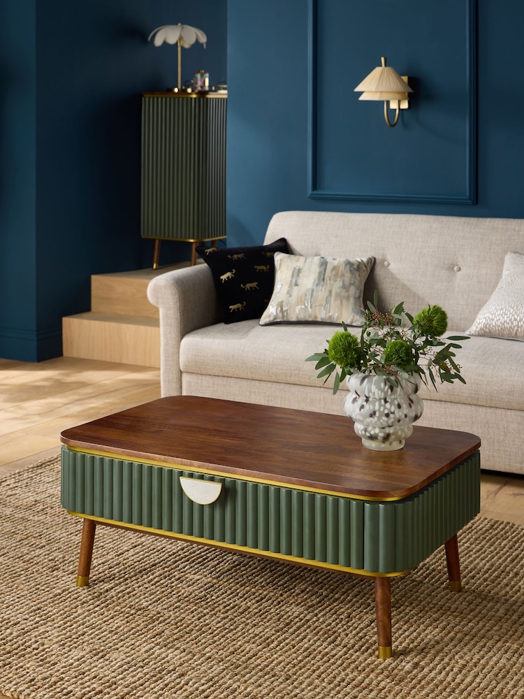 Clarke and Clarke Ribbed Green Mango Wood Calisto Storage Coffee Table - Image 1 of 5