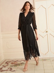 Love & Roses Black Lace Detail Pleated 3/4 Sleeve Midi Dress - Image 1 of 5