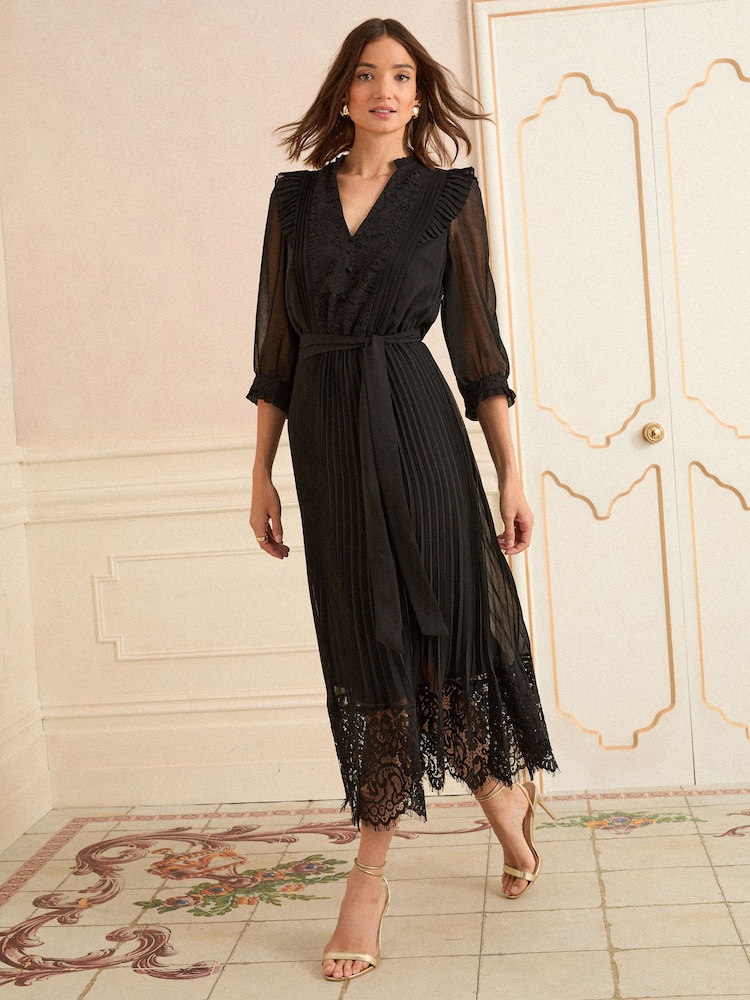 Love & Roses Black Lace Detail Pleated 3/4 Sleeve Midi Dress - Image 1 of 5