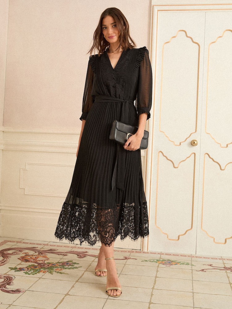 Buy Love & Roses Black Lace Detail Pleated 3/4 Sleeve Midi Dress from Next  USA