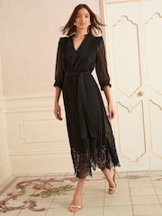 Love & Roses Black Petite Lace Detail Pleated 3/4 Sleeve Midi Dress - Image 1 of 5
