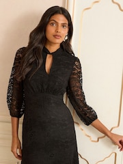 Love & Roses Black Petite Lace High Neck Midi Dress - Image 2 of 5