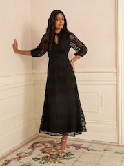 Love & Roses Black Petite Lace High Neck Midi Dress - Image 3 of 5