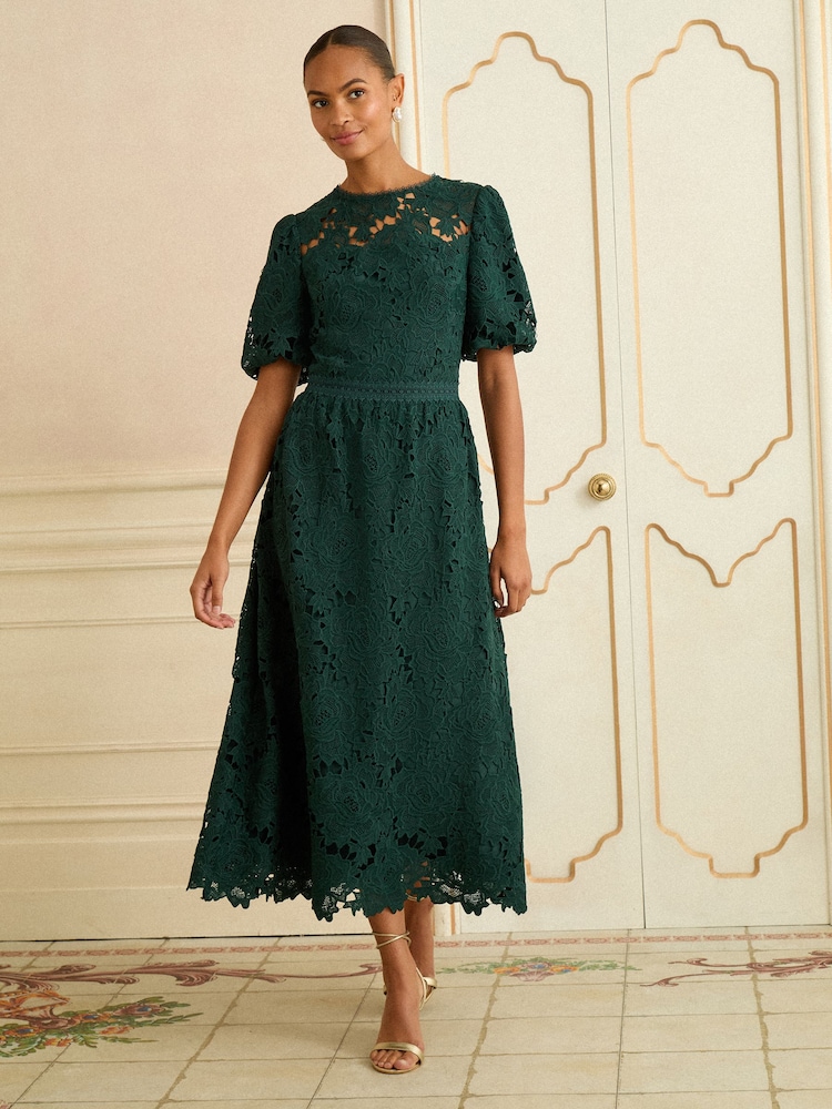 Love & Roses Teal Blue Lace Short Sleeve Midi Dress - Image 1 of 4