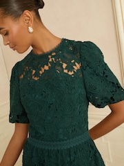 Love & Roses Teal Blue Lace Short Sleeve Midi Dress - Image 2 of 4