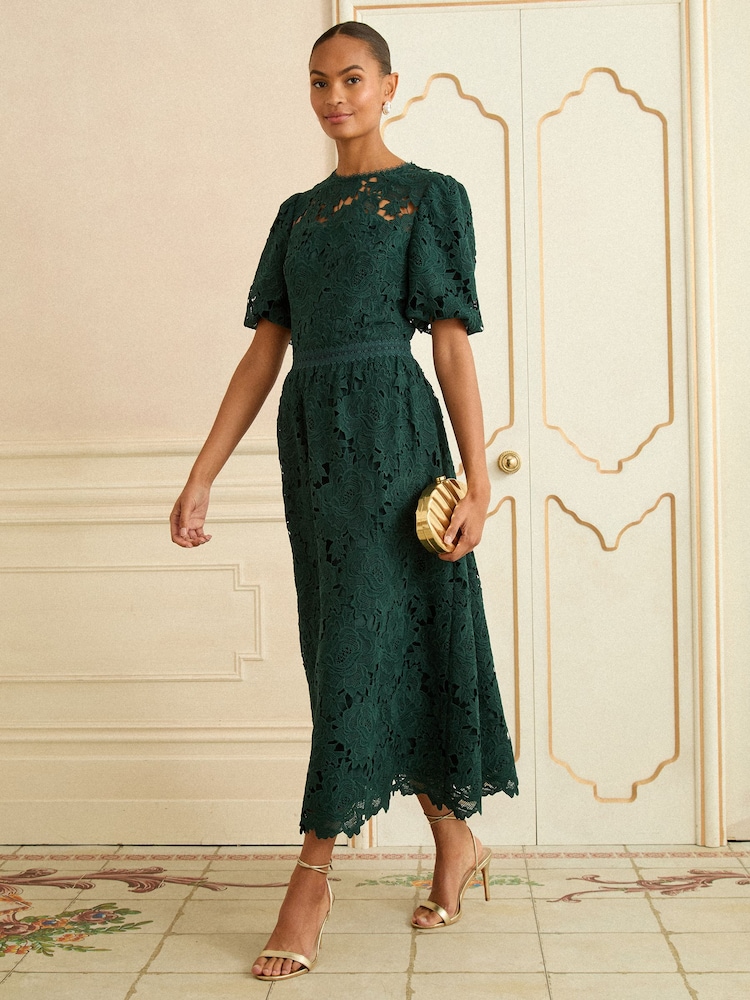 Love & Roses Teal Blue Lace Short Sleeve Midi Dress - Image 4 of 4