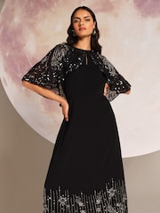 Love & Roses Black Petite Embellished Cape Midaxi Dress - Image 2 of 5