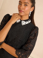 Love & Roses Black Embellished Collar Lace Mini Dress - Image 2 of 4