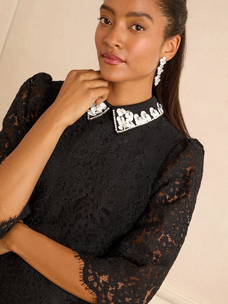 Love & Roses Black Embellished Collar Lace Mini Dress - Image 2 of 4