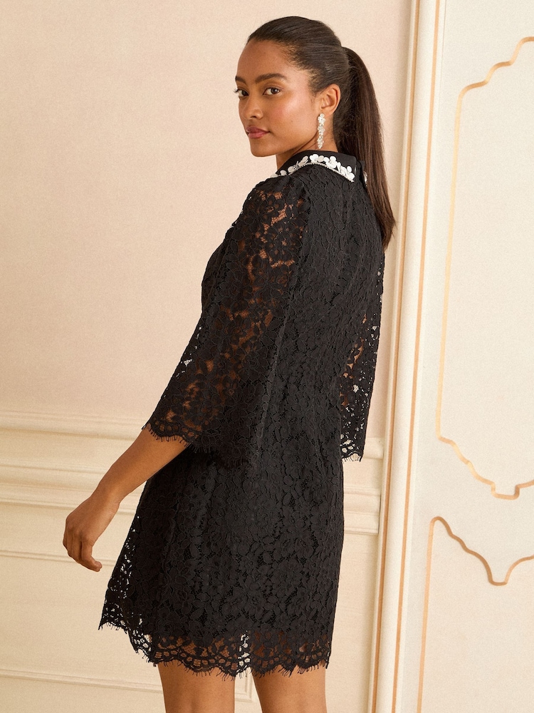 Love & Roses Black Embellished Collar Lace Mini Dress - Image 4 of 4