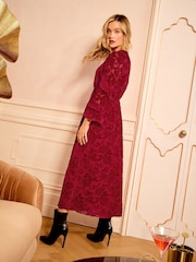 Love & Roses Red Floral Burnout Ruffle Midi Dress - Image 3 of 4