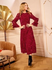 Love & Roses Red Floral Burnout Ruffle Midi Dress - Image 4 of 4