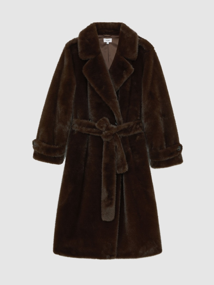 Reiss Chocolate Brown Cate Petite Faux-Fur Long Belted Coat - Image 2 of 8 Reiss Chocolate Brown Cate Petite Faux-Fur Long Belted Coat - Image 2 of 8