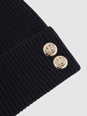 Reiss Navy Bianca Merino Wool Blend Button Beanie With Cashmere - Image 4 of 4