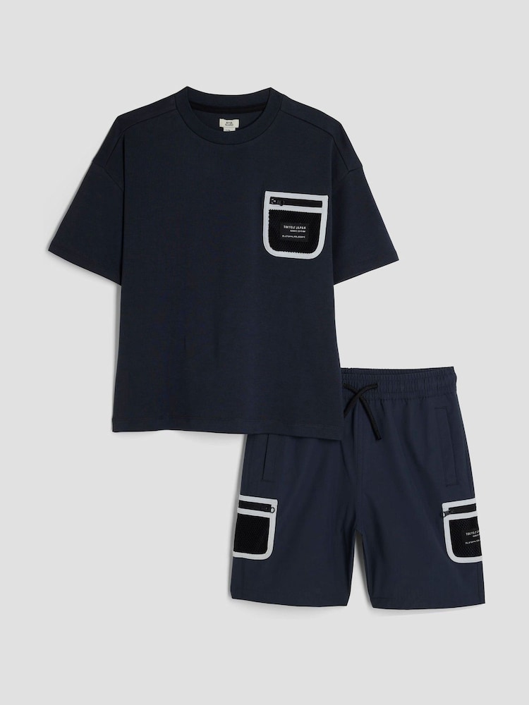 River Island Blue Boys Utility T-Shirt and Short Set - Image 1 of 5