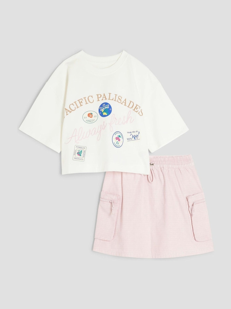 River Island Pink Girls Cargo Skirt and T-Shirt Set - Image 1 of 5