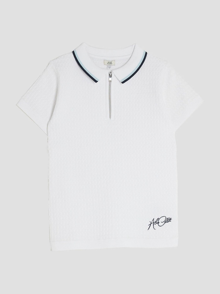 River Island White OB Zip Textured Polo Shirt - Image 1 of 4 River Island White OB Zip Textured Polo Shirt - Image 1 of 4