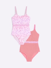 River Island Pink Girls Print Swimsuits 2 Pack - Image 1 of 4