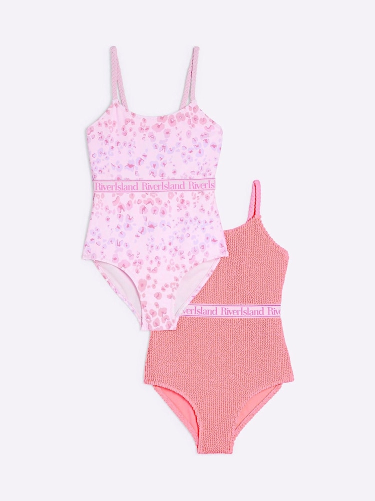 River Island Pink Girls Print Swimsuits 2 Pack - Image 1 of 4