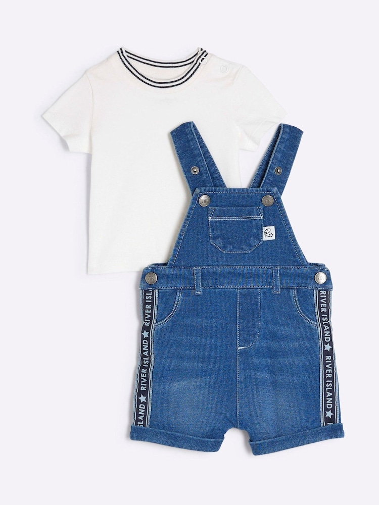 River Island Blue Baby Boy Denim Short Dungarees - Image 1 of 5 River Island Blue Baby Boy Denim Short Dungarees - Image 1 of 5