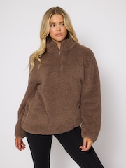 Loungeable Brown Borg Quarter  Zip Jumper - Image 1 of 6