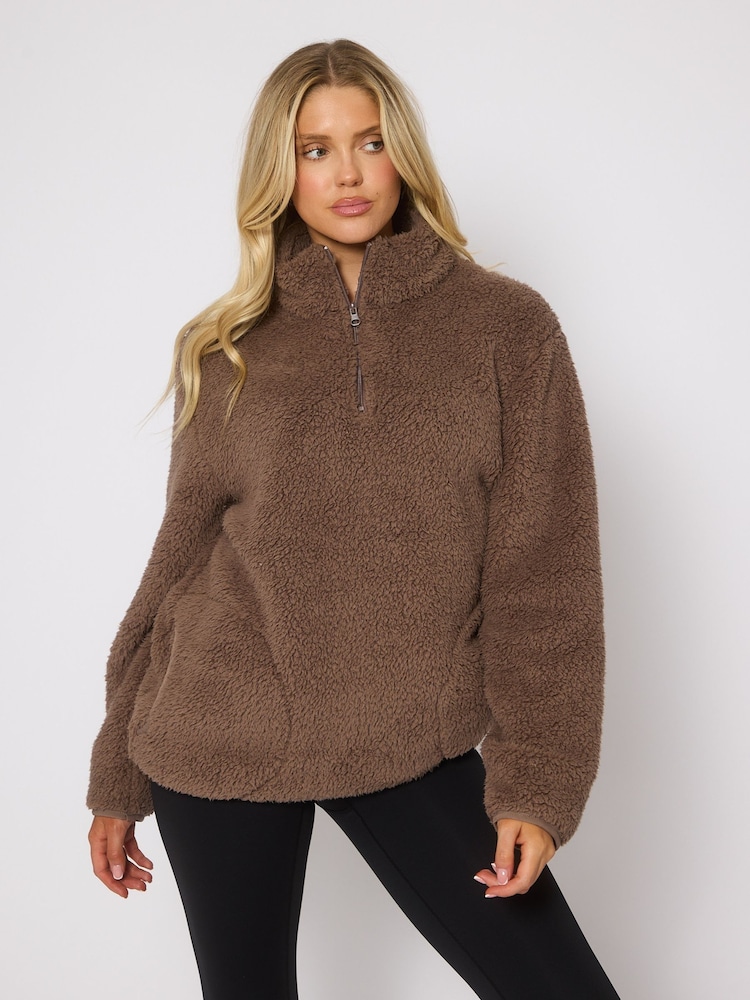 Loungeable Brown Borg Quarter  Zip Jumper - Image 1 of 6