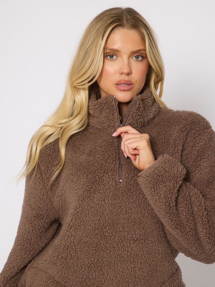 Loungeable Brown Borg Quarter  Zip Jumper - Image 6 of 6