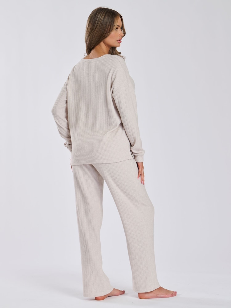 Loungeable Brown Brushed Rib Jumper and Wide Leg Trousers Set - Image 2 of 4 Loungeable Brown Brushed Rib Jumper and Wide Leg Trousers Set - Image 2 of 4