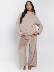 Loungeable Brown Cable Cutwork Hoodie and Luxury Fleece Trousers Set - Image 1 of 5