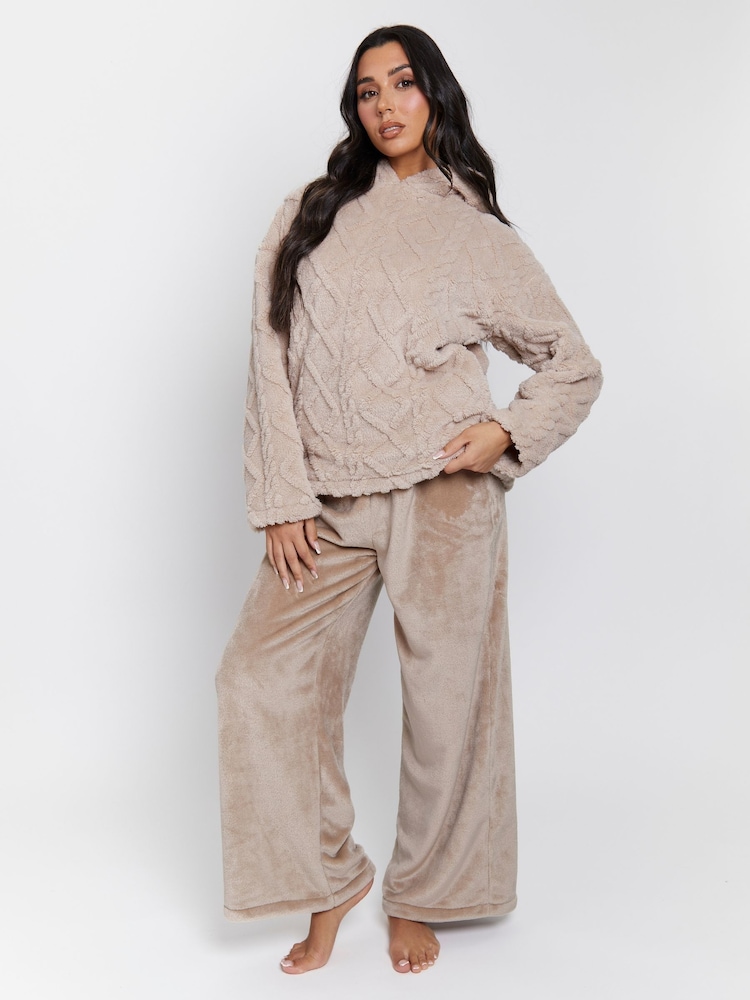 Loungeable Brown Cable Cutwork Hoodie and Luxury Fleece Trousers Set - Image 5 of 5