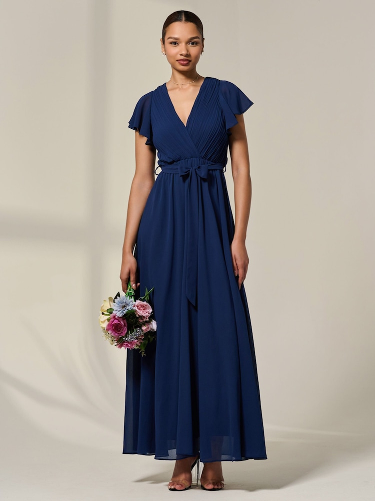 Jolie Moi Blue Chiffon Flutter Sleeve Maxi Dress - Image 1 of 6