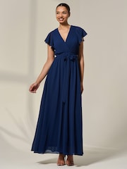 Jolie Moi Blue Chiffon Flutter Sleeve Maxi Dress - Image 3 of 6