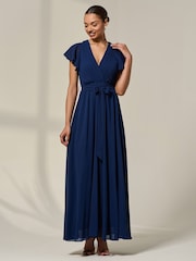 Jolie Moi Blue Chiffon Flutter Sleeve Maxi Dress - Image 4 of 6