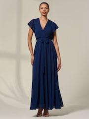 Jolie Moi Blue Chiffon Flutter Sleeve Maxi Dress - Image 5 of 6