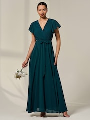 Jolie Moi Green Chiffon Flutter Sleeve Maxi Dress - Image 1 of 6