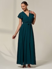 Jolie Moi Green Chiffon Flutter Sleeve Maxi Dress - Image 3 of 6