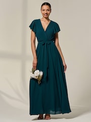 Jolie Moi Green Chiffon Flutter Sleeve Maxi Dress - Image 4 of 6
