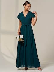 Jolie Moi Green Chiffon Flutter Sleeve Maxi Dress - Image 5 of 6