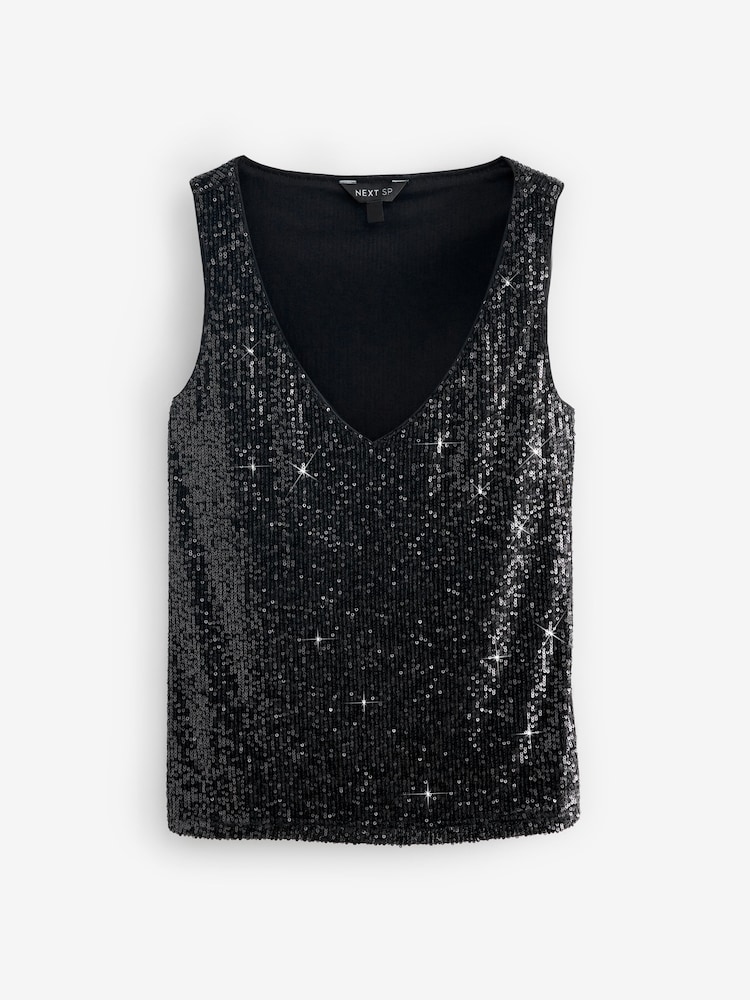 Black Sequin V Neck Vest - Image 1 of 1 Black Sequin V Neck Vest - Image 1 of 1