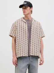JACK & JONES Brown Short Sleeve Diamond Patterned Shirt - Image 1 of 7
