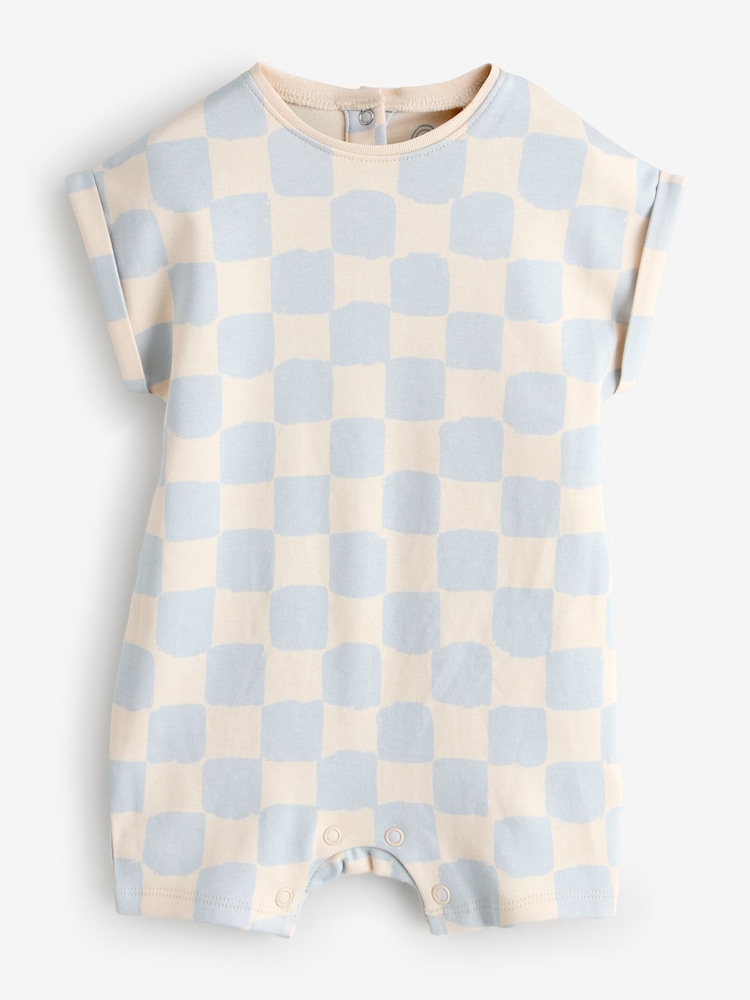Blue/Ecru Checkerboard Short Sleeve Romper - Image 1 of 1