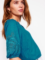 Boden Blue Notch Neck Cutwork Blouse - Image 2 of 5
