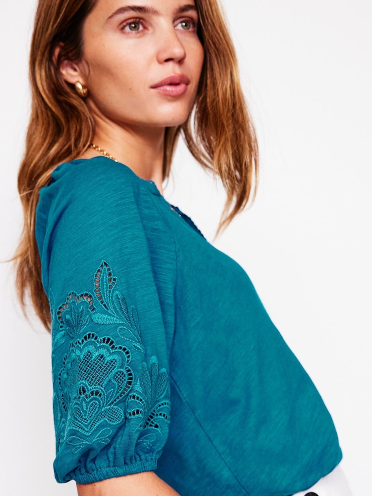 Boden Blue Notch Neck Cutwork Blouse - Image 2 of 5