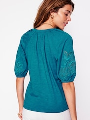 Boden Blue Notch Neck Cutwork Blouse - Image 3 of 5