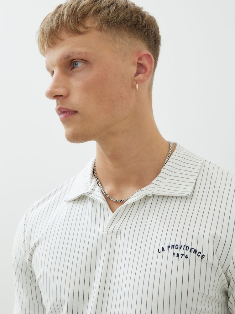 River Island Cream Regular Fit Stripe Open Neck Polo Shirt - Image 2 of 4 River Island Cream Regular Fit Stripe Open Neck Polo Shirt - Image 2 of 4